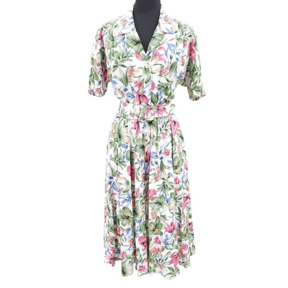 VTG 80s Carol Anderson Pink Blue Yellow Floral Button Front Midi Dress Size 12